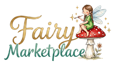 fairy marketplace logo with fairy sitting on a mushroom painting stars in the sky