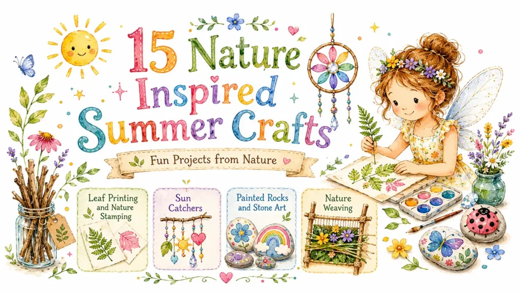 Nature-themed summer craft ideas illustrated