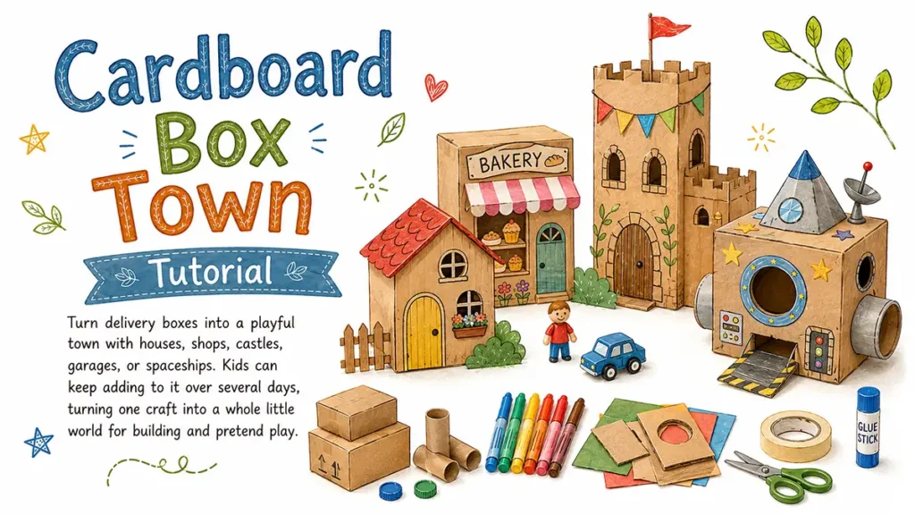 Cardboard crafting tutorial image for a box town from cardboard.