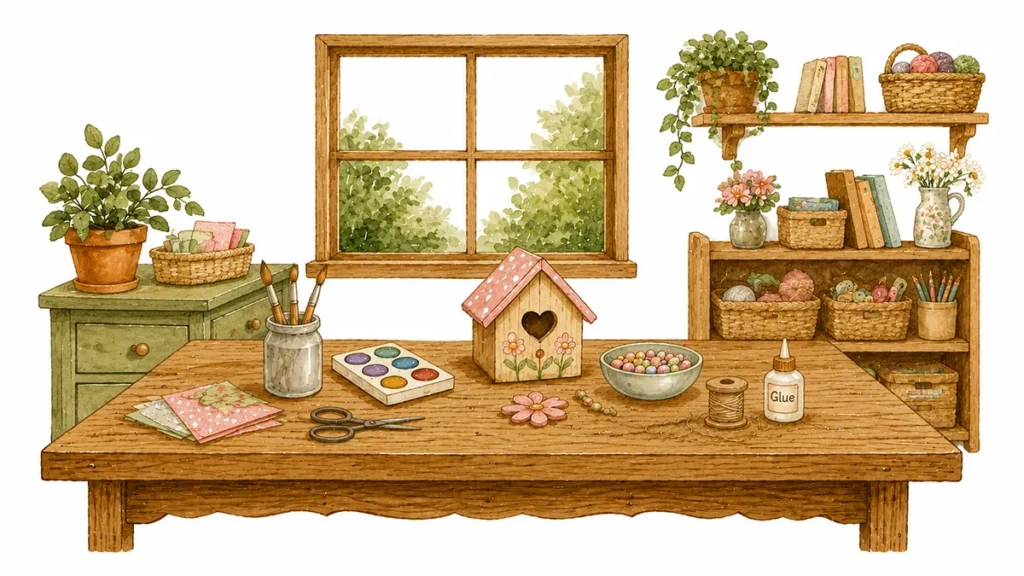 Craft supplies in a crafting room illustration