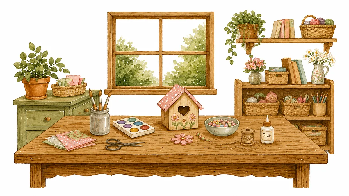 Craft supplies in a crafting room illustration