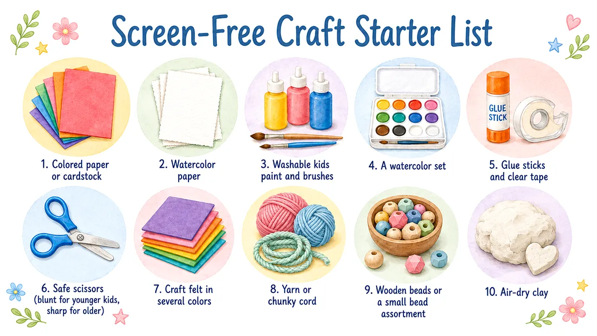 Illustrated craft supply list pastel colors, yarn, felt, paints