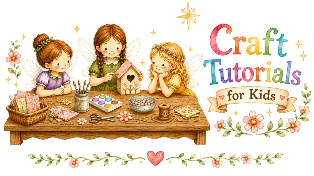 Fairy teaching craft tutorials for kids to two two fairies at a crafting table.