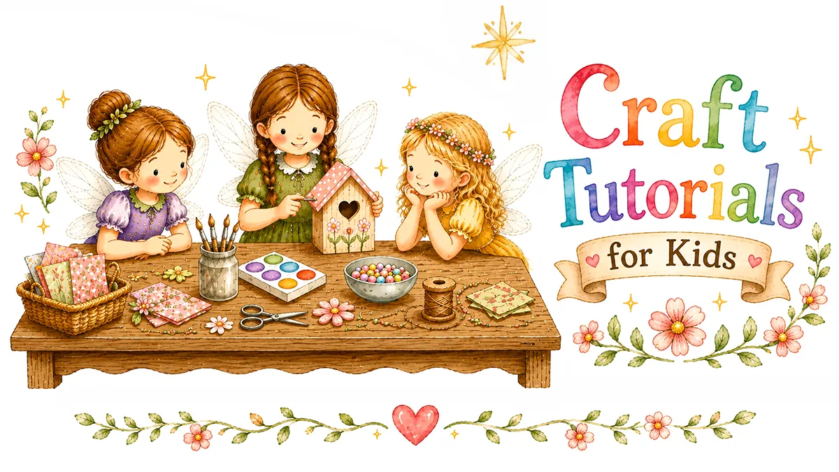 Fairy teaching craft tutorials for kids to two two fairies at a crafting table.