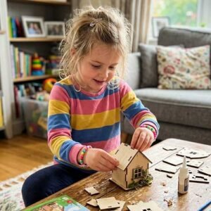 Young girl building a small wood house in the living room