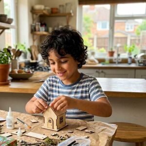 Young boy building a small wood house at the kitchen table