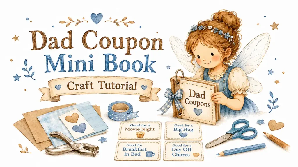 Fairy making a dad coupon mini book at a craft table illustration.