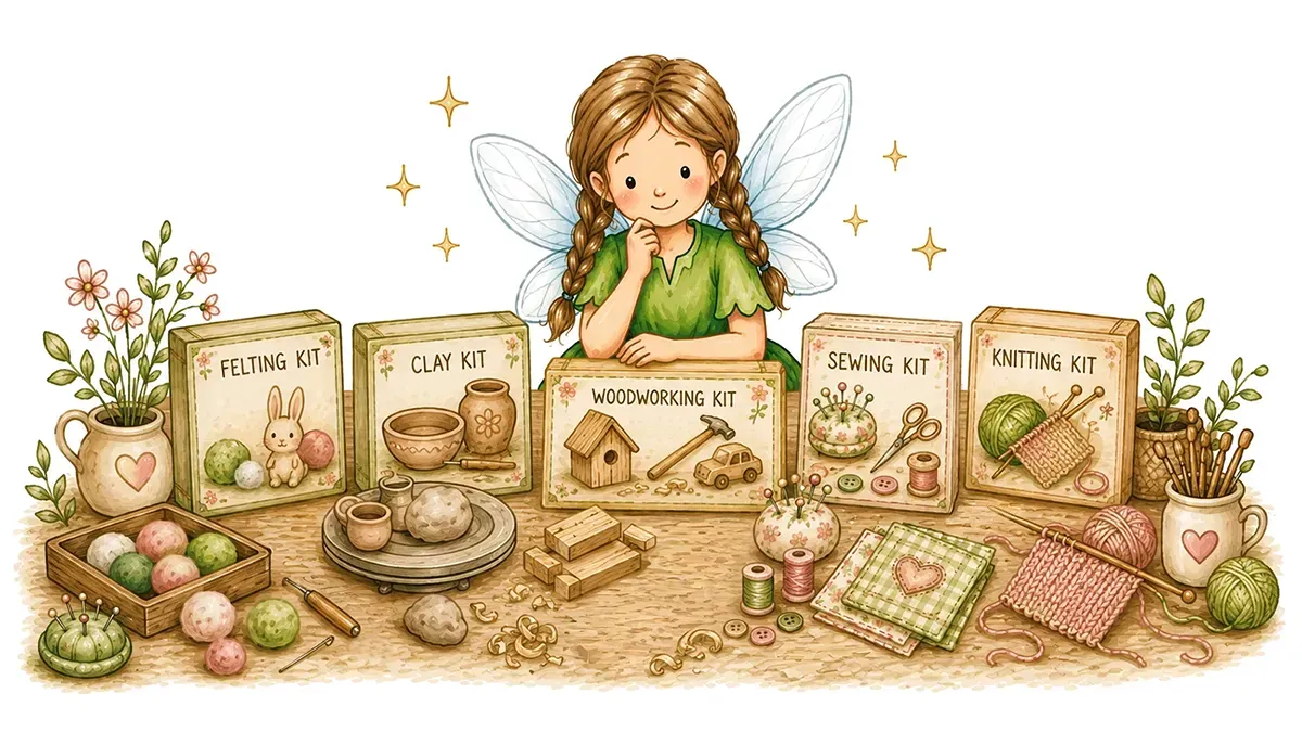 Fairy looking at craft kits on a table in front of her.