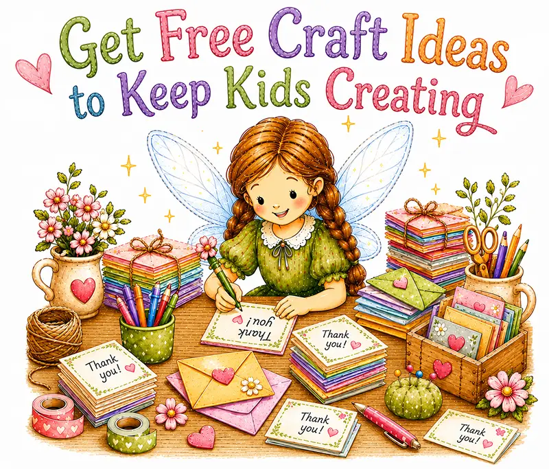 Fairy writing thank you notes. Above her head says Get Free Craft Ideas.