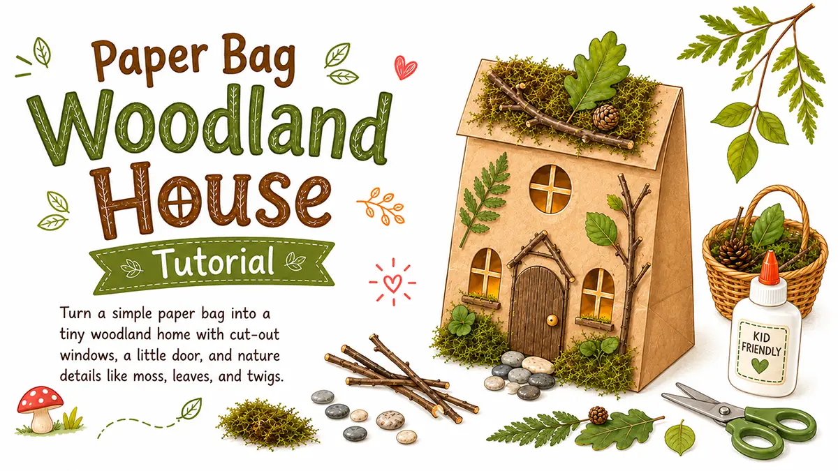 Paper bag woodland fairy house illustration image.