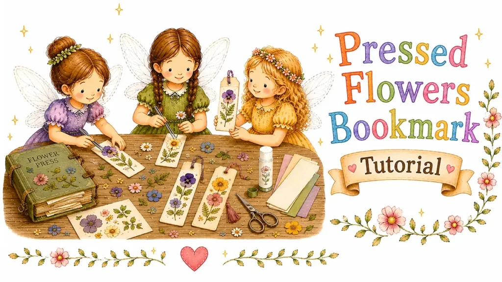 Fairies at a table making pressed flowers bookmarks.