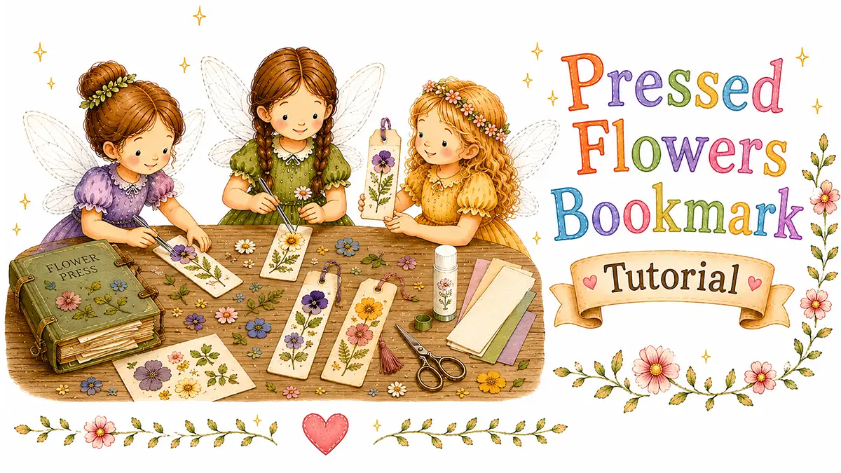 Fairies at a table making pressed flowers bookmarks.
