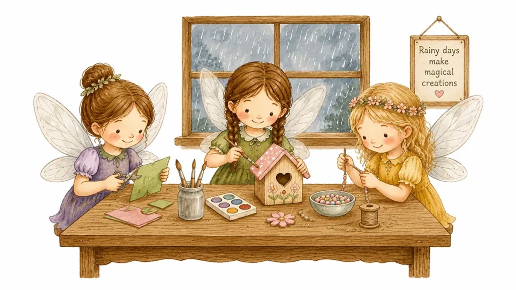 Illustrated fairy children making paper, bead, and painting crafts on a rainy day