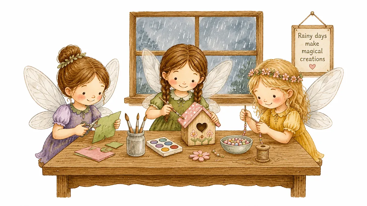 Illustrated fairy children making paper, bead, and painting crafts on a rainy day