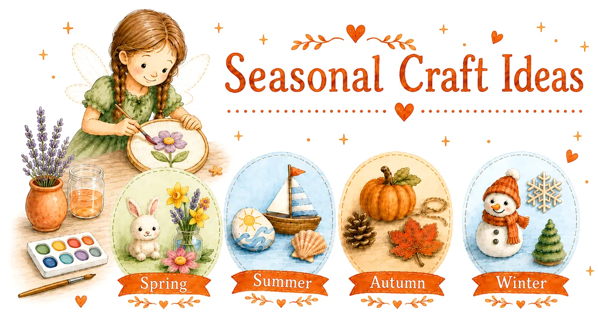 Banner image for seasonal craft ideas for kids page. Fairy painting with crafts from the different seasons below her.