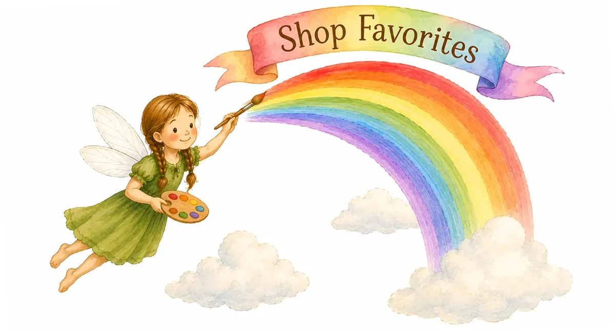 Fairy flying and painting a rainbow in the sky.