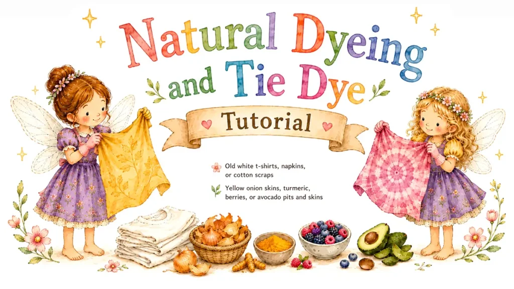 Natural dyeing and tie dye tutorial image with two fairies holding tie dye fabrics.