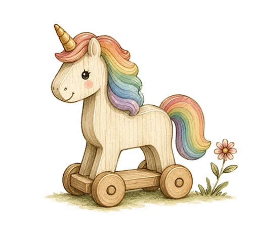 Wood unicorn with rainbow mane illustration