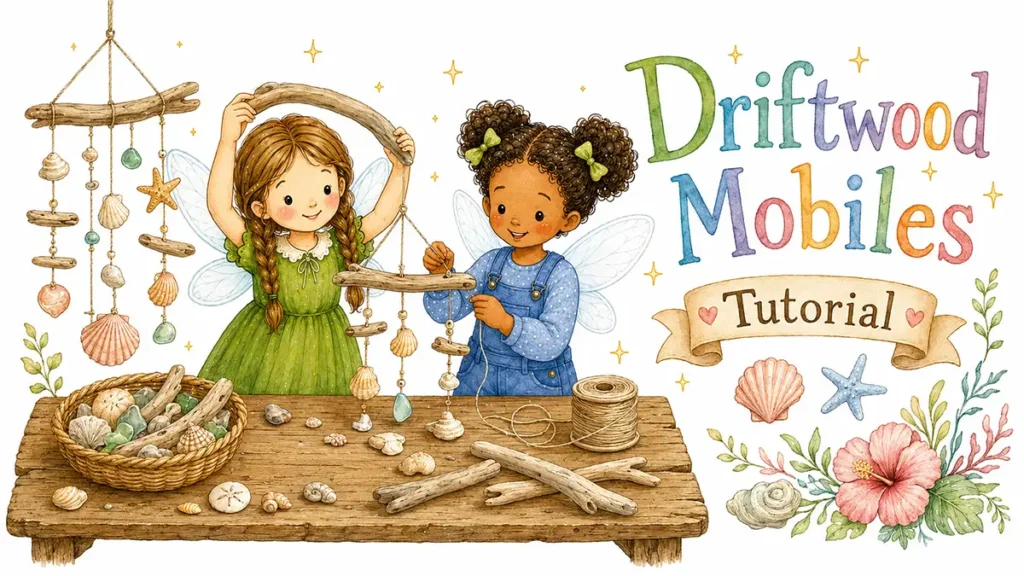 Fairy kids doing a driftwood mobiles tutorial.