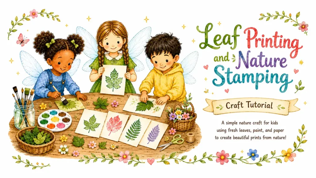Fairies doing leaf printing crafts on a big wood table.