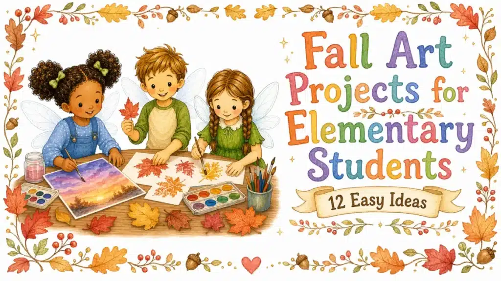 12 Fall Art Projects for Elementary Students, watercolor illustration of fairy children painting autumn art