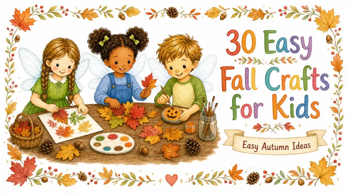 30 Easy Fall Crafts for Kids, watercolor illustration of fairy children making autumn crafts