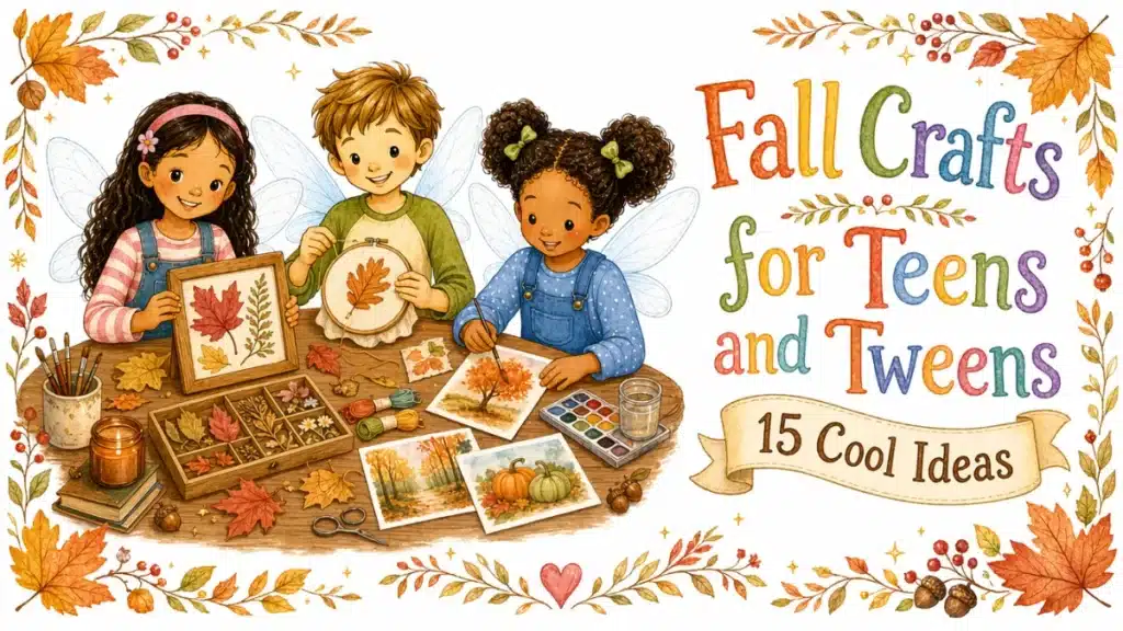 15 Fall Crafts for Teens and Tweens, watercolor illustration of fairy tweens doing autumn crafts