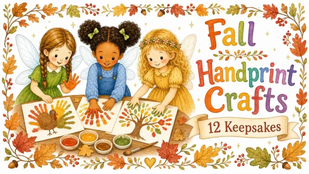 12 Fall Handprint Crafts, watercolor illustration of fairy children making handprint autumn crafts