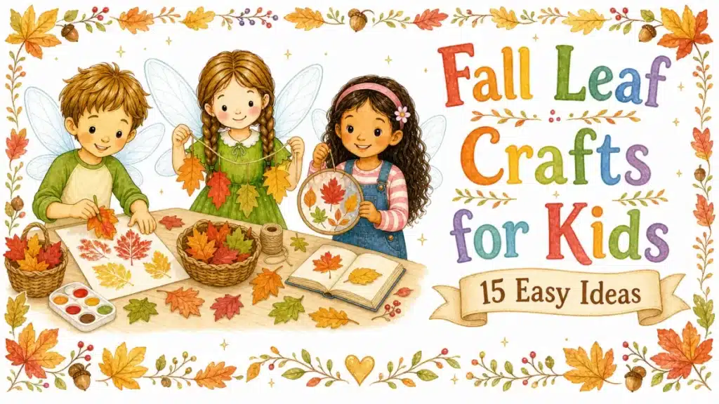 15 Fall Leaf Crafts for Kids, watercolor illustration of fairy children making autumn leaf crafts