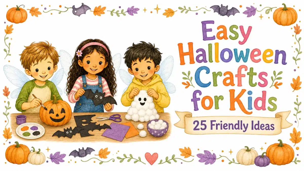 25 Easy Halloween Crafts for Kids, watercolor illustration of fairy children making friendly Halloween crafts