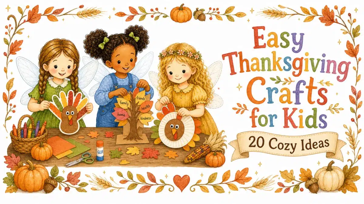 20 Easy Thanksgiving Crafts for Kids, watercolor illustration of fairy children making Thanksgiving crafts