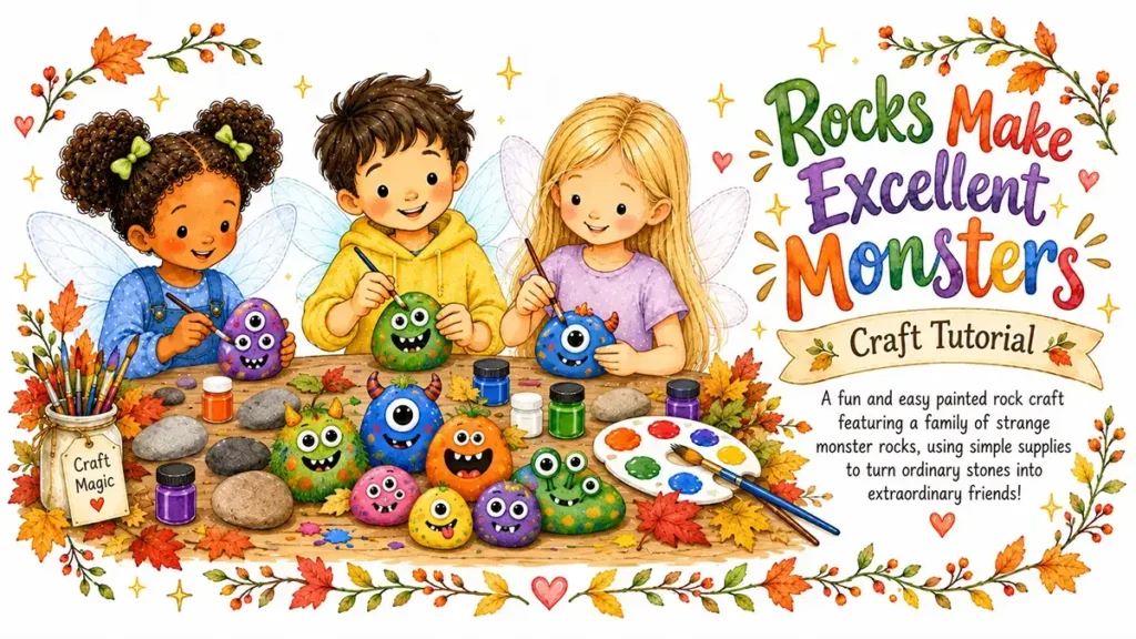 Illustration of fairy children painting colorful rock monsters with eyes and playful faces.