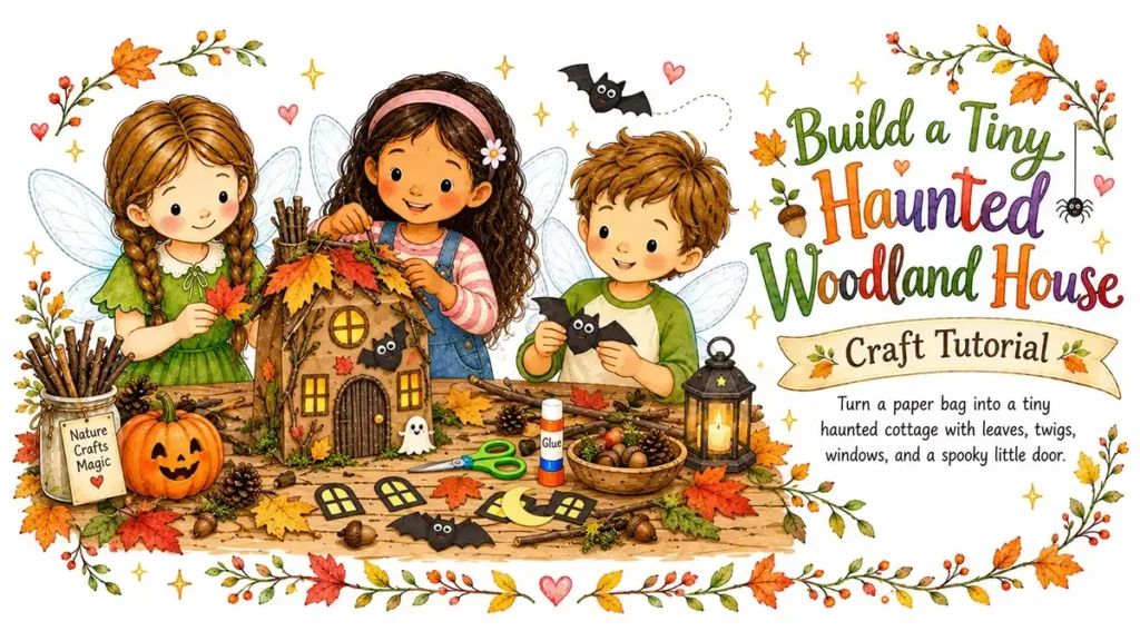 Illustration of fairy children decorating a tiny woodland house with autumn leaves and Halloween details.